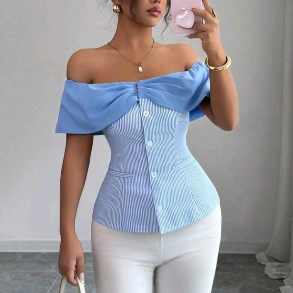 Women's Fashion Striped Single-Breasted Off-Shoulder Contrast Striped Sh